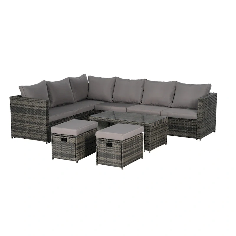 6-Piece Rattan Sectional Sofa Set with Glass Table