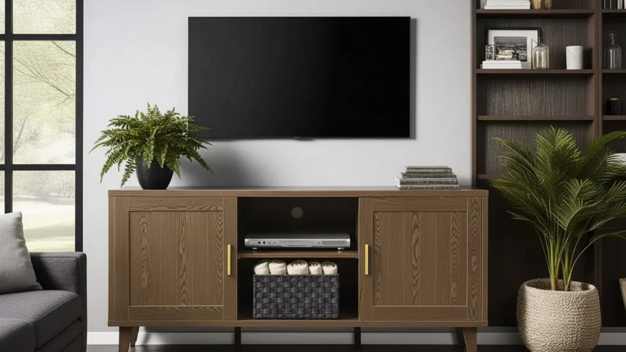 60-Inch TV Stand with Two Doors & Cable Management – Walnut, Fits TVs up to 65