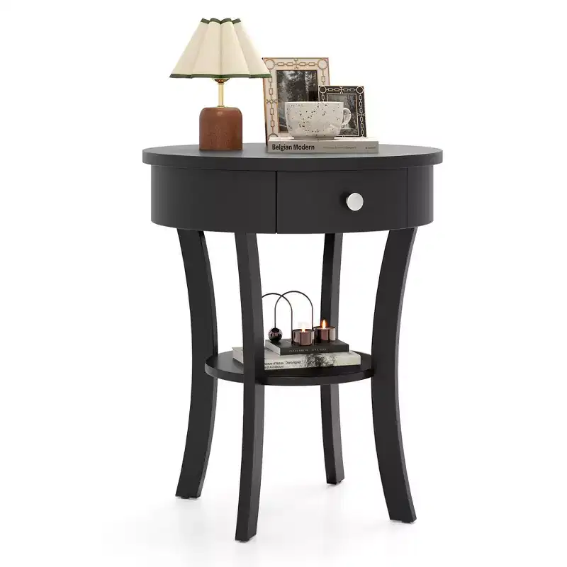 Costway 2-tier Side End Sofa Table Round Nightstand for Bedroom Living Room White/Espresso/Black