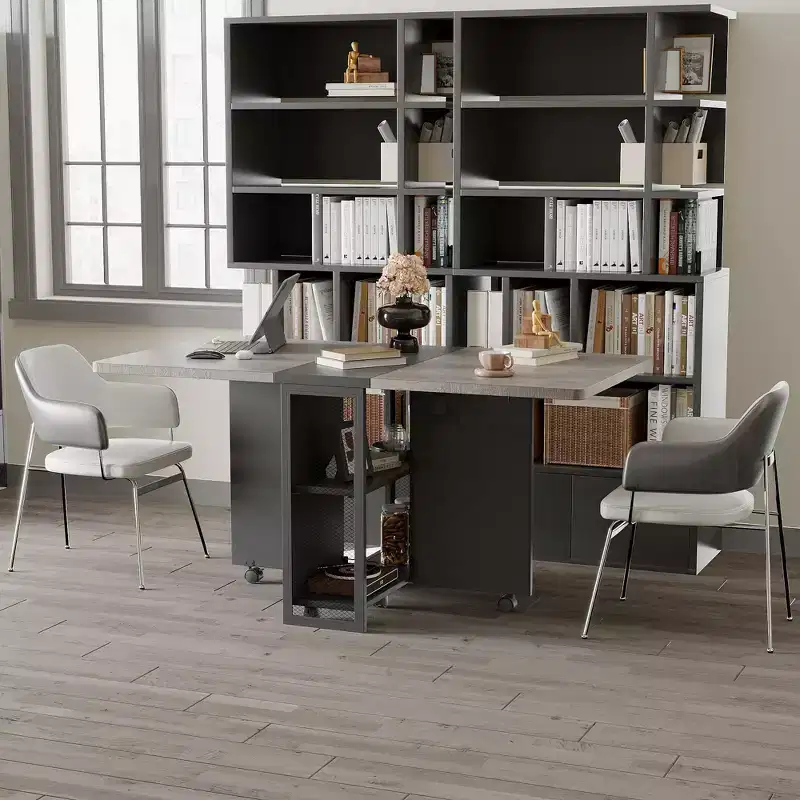 Folding Dining Table, Farmhouse Dining Table for 4 Storage Shelf, 6 Wheels Multipose Expandable Kitchen Drop Leaf Table