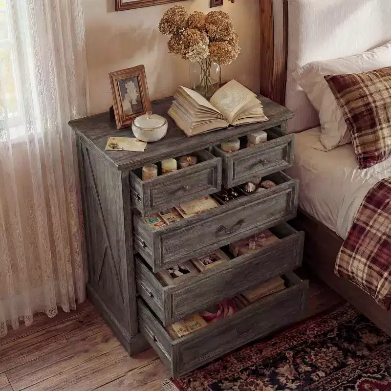 Farmhouse Nightstand Bedside Table, 5-Drawer Chest Dresser with Antique Bronze Knobs, Bedroom Storage