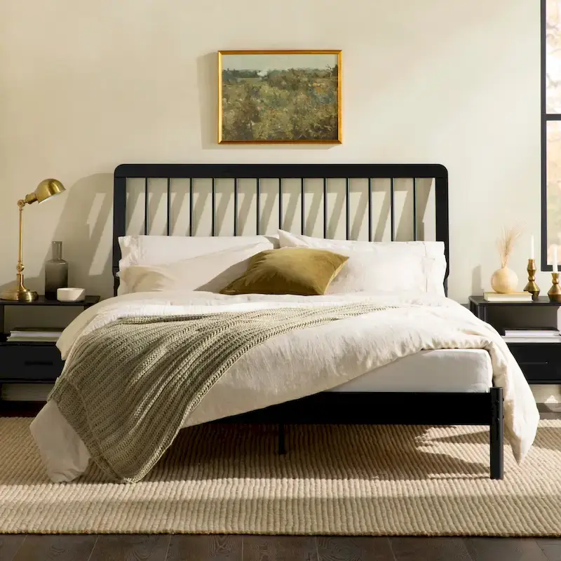 Solid Wood Queen Spindle Bed, Caramel / Natural Pine / Black, Fits 2