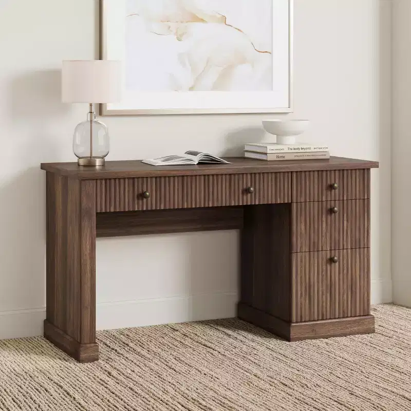 GustoWave Fluted Home Office Desk Storage, 54 Modern Executive Desk, Wooden Computer Writing Desk with File Cabinet & Drawers