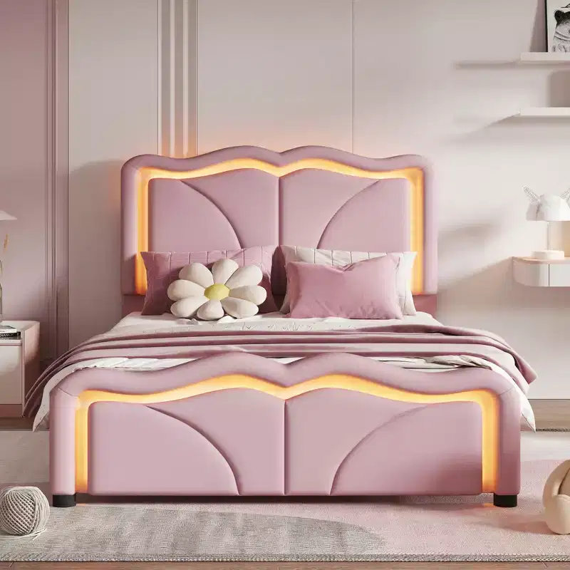 Twin/Full Upholstered Platform Bed with Adjustable Headboard and LED Light Strip