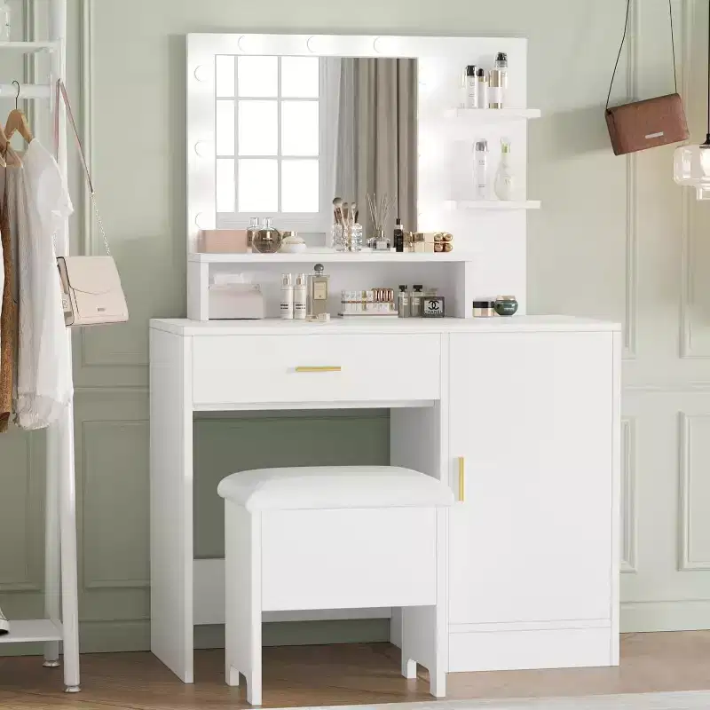 Vanity Desk with Mirror, Makeup Vanity Desk with Large Drawers, Dressing Table with Three Level Storage & Tiers of Open Shelves for Bedroom, White