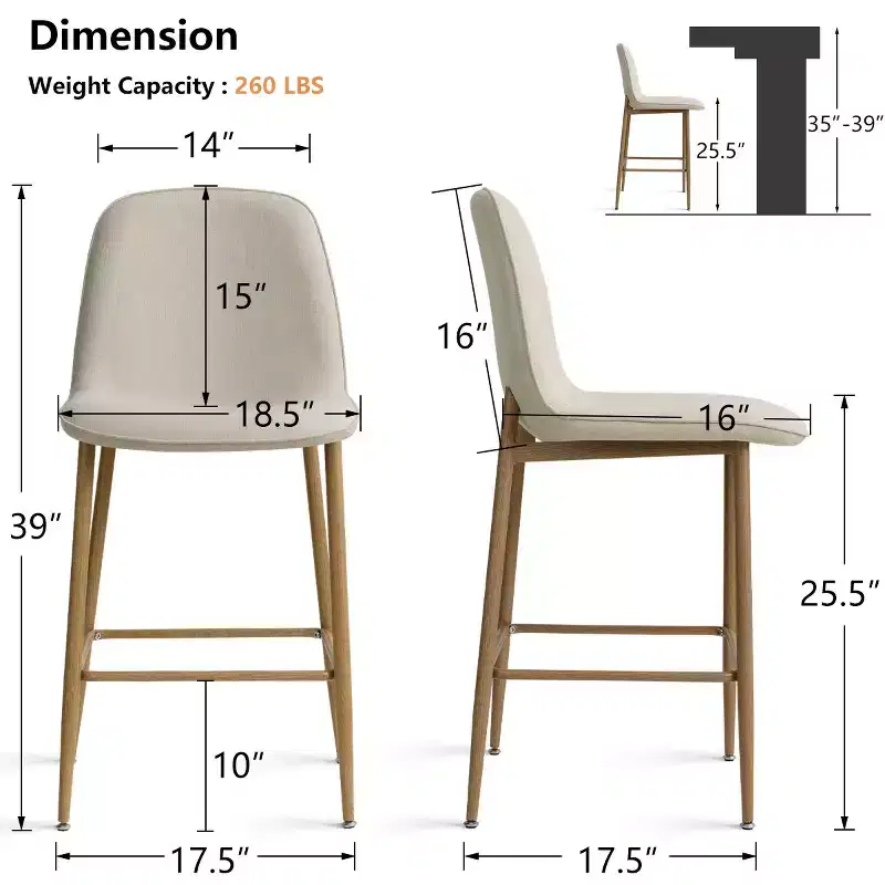 Modern Counter Height Bar Stool with Back, 25.5 Seat Height Upholstered Armless Kitchen Island Stool with Natural Finish Metal Legs-Panipeachy