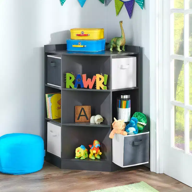 Badger Basket Corner Cubby Storage Unit with 4 Reversible Baskets Charcoal: 9 Compartments, 10 Shelves, MDF Frame