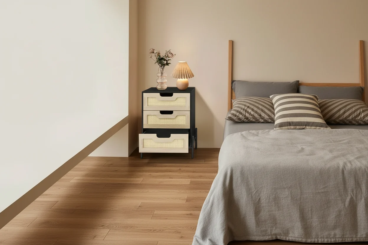 Rattan Nightstand with 3 Drawers, Compact Bedside Table, Wooden Rustic End Table with Storage, Metal Legs, for Bedroom, Living Room, Easy Assembly