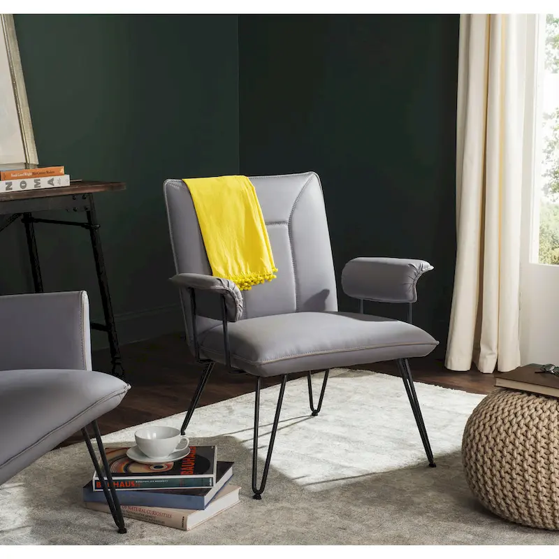 Mid-Century Modern Grey PU Leather Arm Chair with Steel Legs