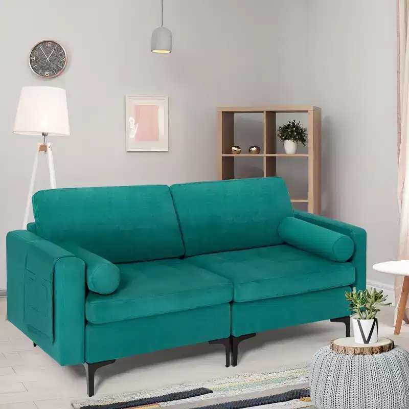 Modern Loveseat 2-Seat Sofa Couch With 2 Bolsters and Side Storage Pocket, Teal