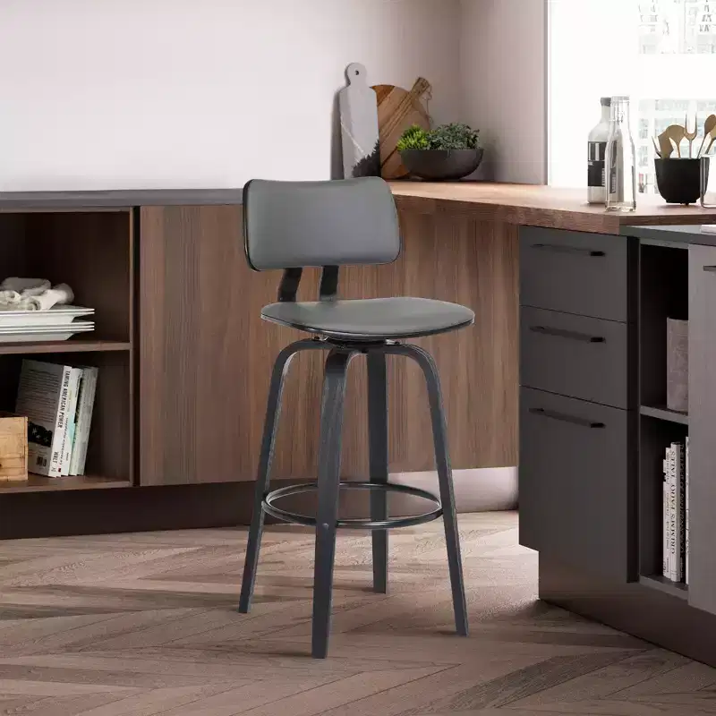 Modern Faux Leather Swivel Bar Stool with Wood Frame and Footrest – Seat 17.75