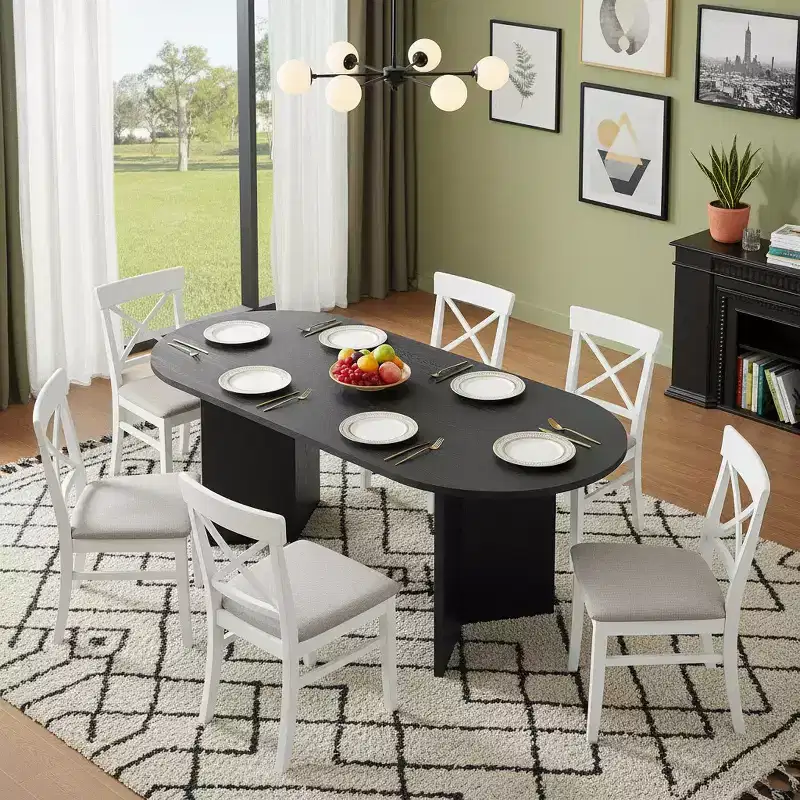 Black Oval Dining Table, Trestle Base, Seats 6