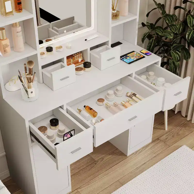 Okak Vanity Table with Lights, with Drawers and Storage Cabinet, Dressing Table with Dressing Pad for Bedroom Living Room