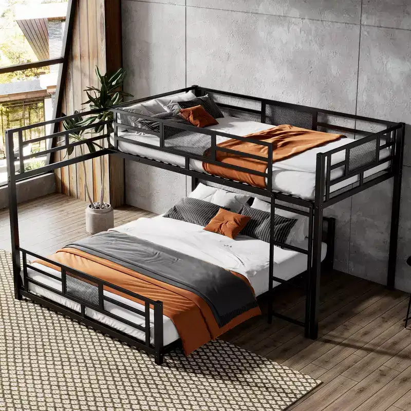 Twin over Full L-shaped Metal Bunk Bed with Ladder and Guardrail -ModernLuxe