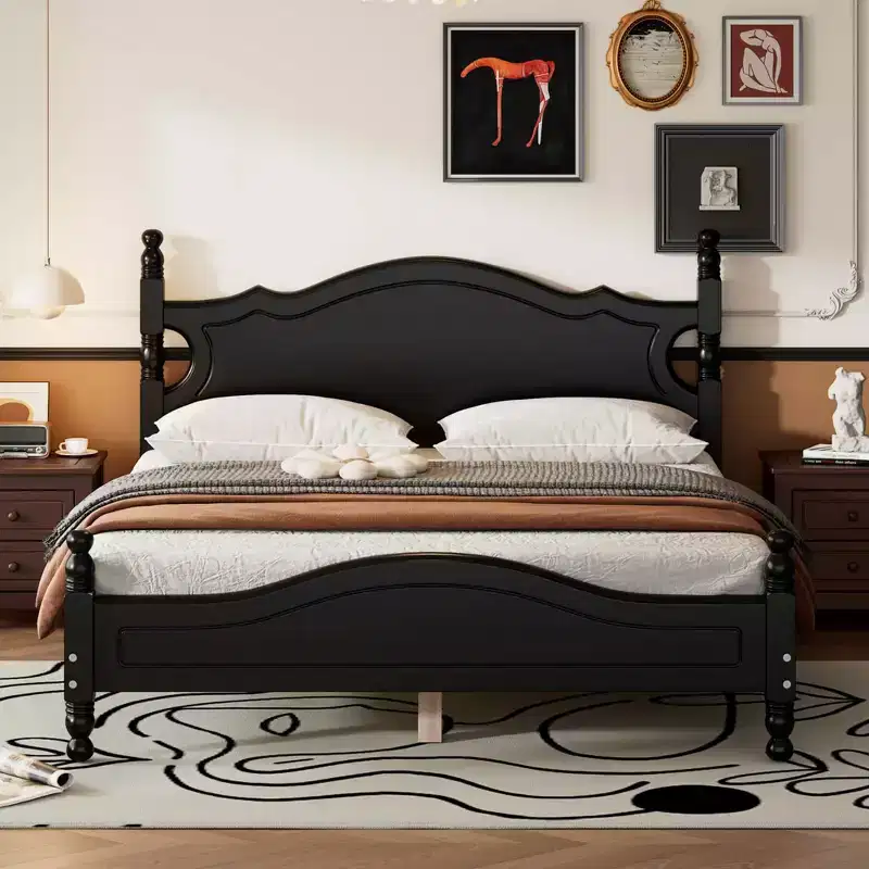 MAYEERTY Queen Size Retro Wood Platform Bed Frame with Wooden Slat for Bedroom Black