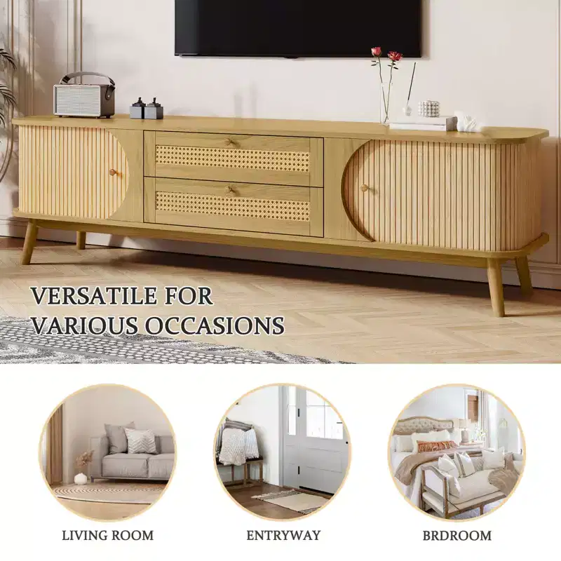 Rattan TV Stand for TVs up to 75'', Entertainment Center with Cabinet & Drawers, Media TV Console Table with Solid Wood Legs for Living Room Bedroom