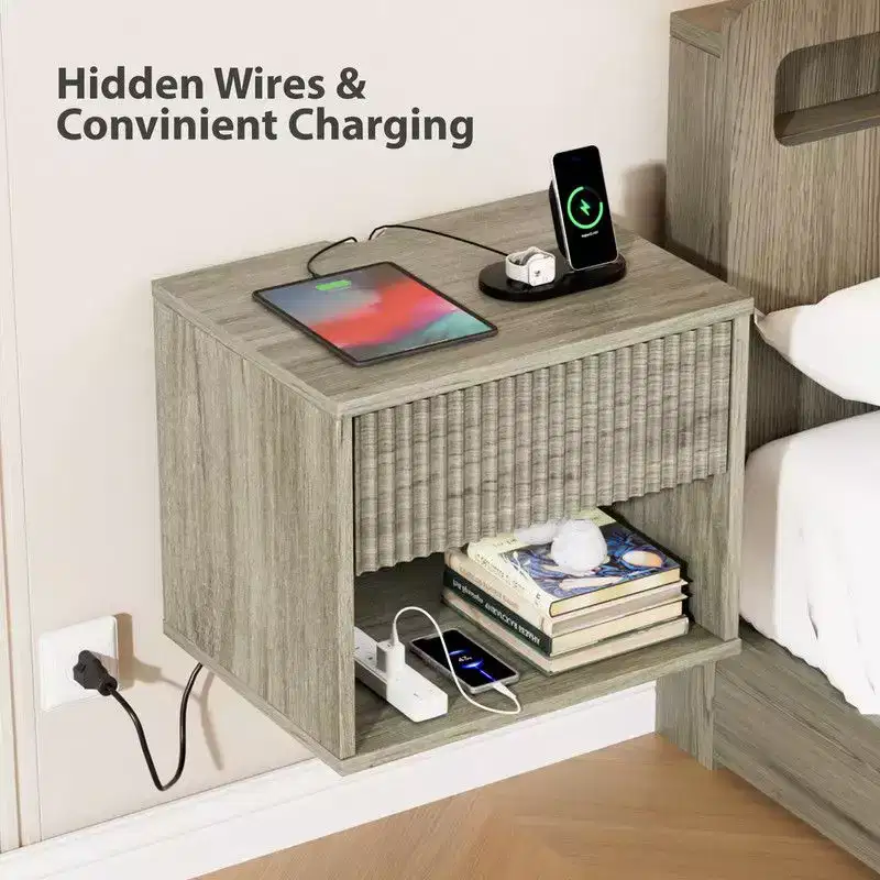 Gray Floating Nightstand with Drawer & Shelf – Set of 2