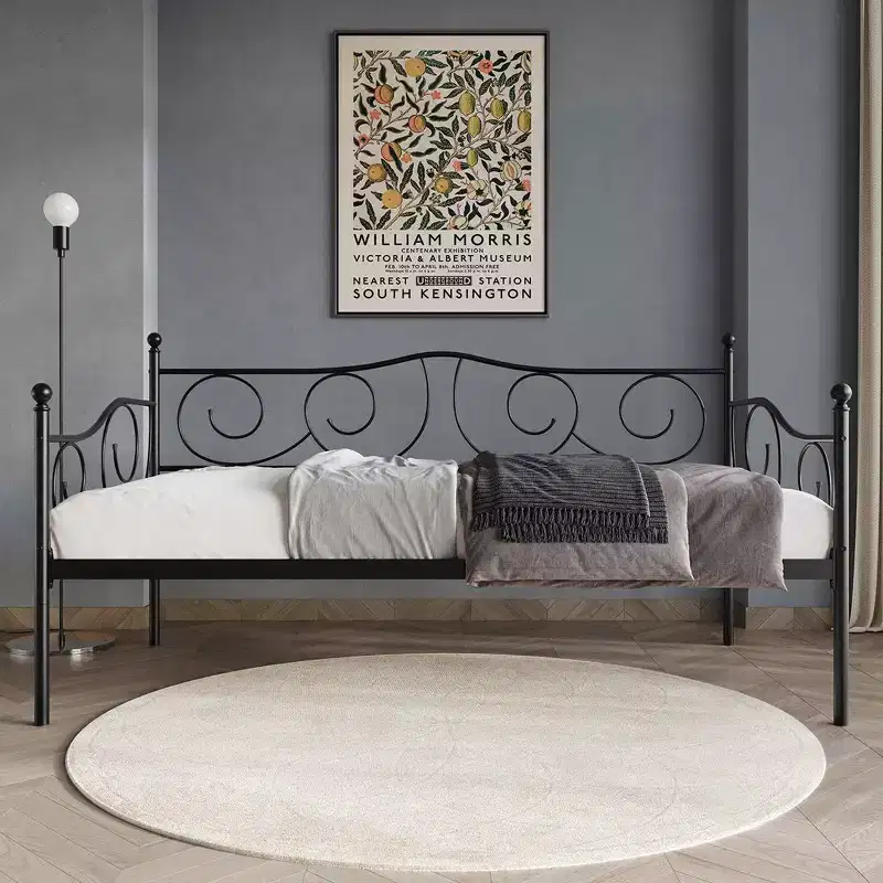 Metal Daybed with Finial Detailing, 12-Slat Wood Support, Powder Coat Finish, 300 lb Capacity, Black/White/Brown