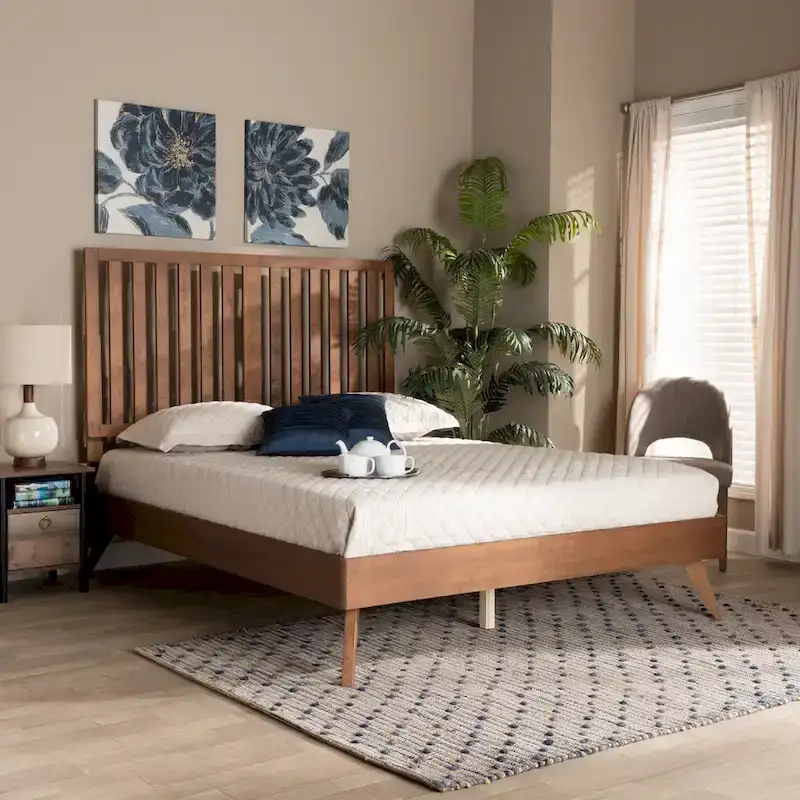 Mid-Century Modern Walnut Brown Wood Platform Bed