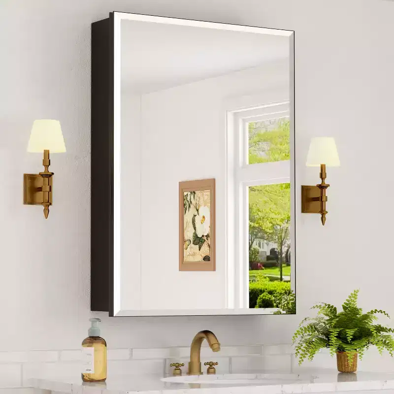 Bathroom Medicine Cabinet with Beveled Mirror Recessed or Wall Mount and Adjustable Tempered Glass Shelves in Black