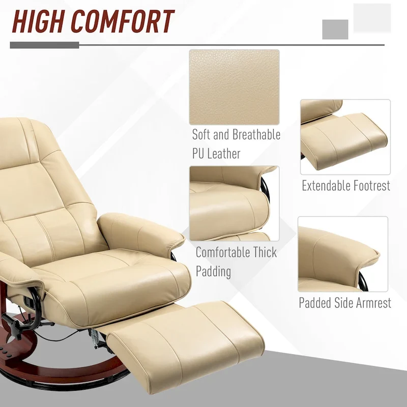 Faux Leather Manual Swivel Recliner Chair with Footrest, Armrest and Wrapped Wood Base