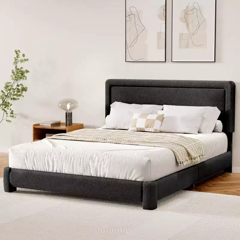 Dyonery Boucle Bed Frame,Upholstered Teddy Fabric Bed Frame with Headboard, Soft Rounded Corners, Adjustable Headboard, Easy Assembly