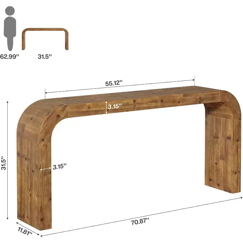 Lantine 70.87-Inch Solid Wood Console Table, Farmhouse Sofa Table with Waterfall Corners for Hallway, Living Room, Behind Couch, Natural Wood