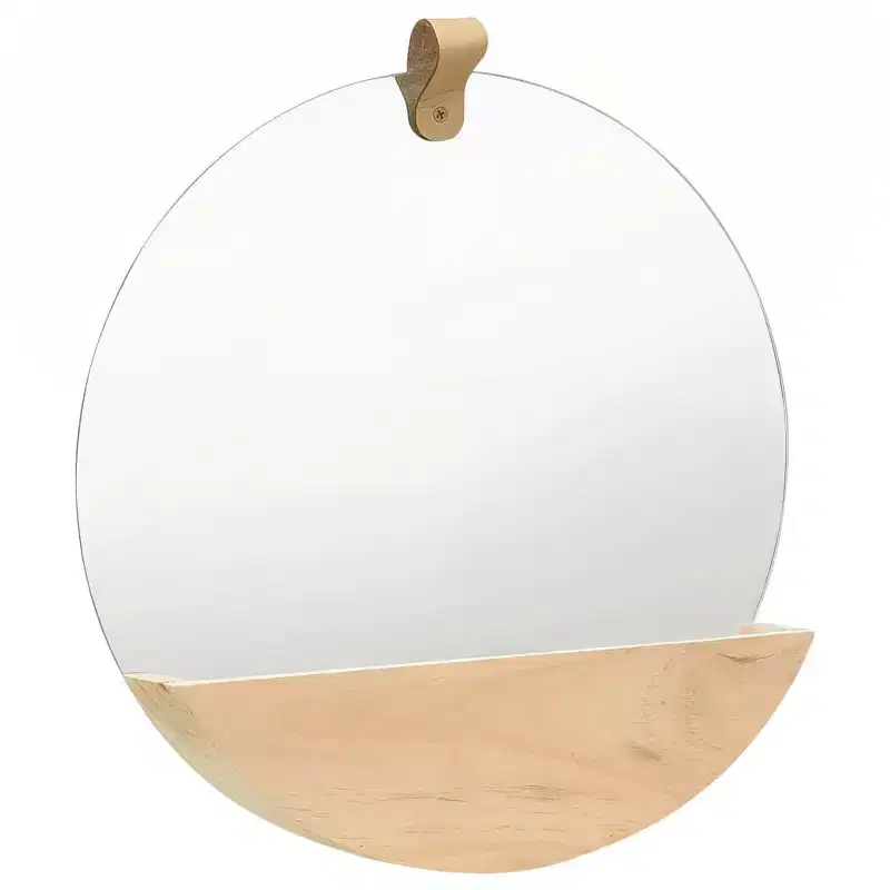 Round Wall Mirror with Shelf - Solid Pine Wood Frame