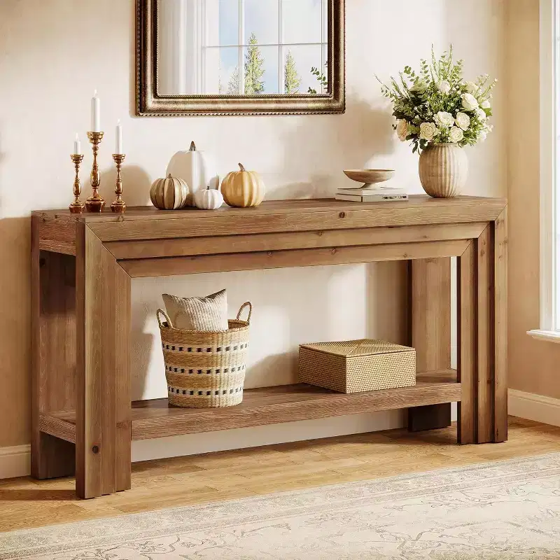 Lantine 63-Inch Solid Wood Console Table, 2-Tier Entryway Table with Storage Shelf, Farmhouse Behind Couch Table for Living Room, Hallway