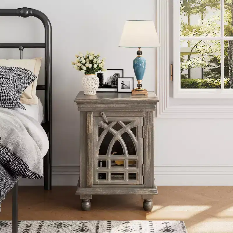 Antique Grey Wood Stylish Functional Nightstand for Bedroom Living Room