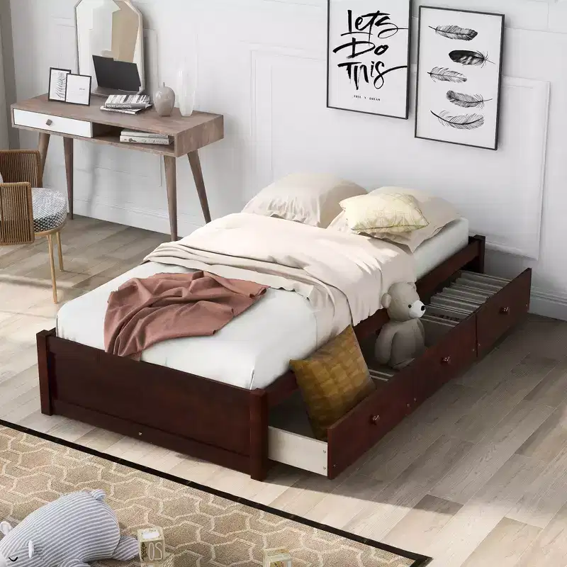 Twin Size Platform Bed, Wooden Storage Bed Frame with 3 Drawers