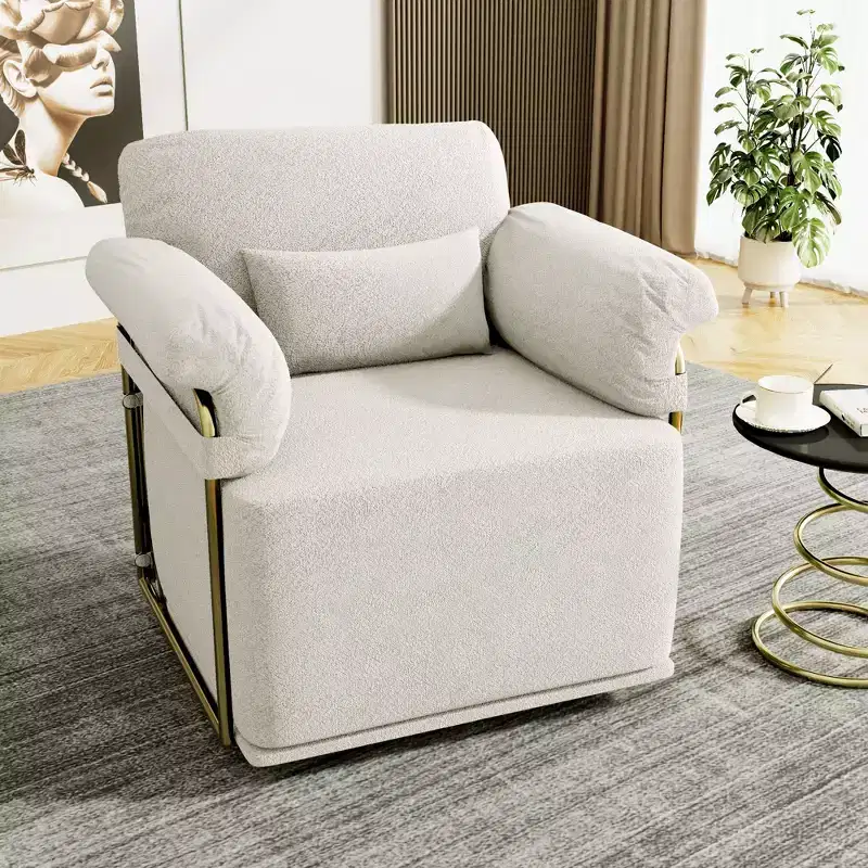 Square Swivel Accent Chair, Fluffy Fabric Upholstered with Golden Metal Legs, Pocket Spring Cushion, Lounge Chair for Living Room, Bedroom