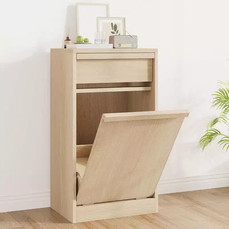Tilt Out Trash Cabinet, Natural Wood Hidden Garbage Can Cabinet for 10/20 Gallon Bins, Pet-Proof Modern Trash Cabinet