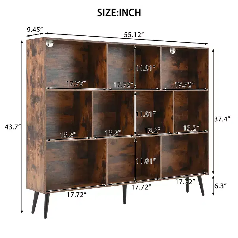 10 Cube Bookshelf, 3 Tier Floor Standing Open Display Shelf with Iron Legs
