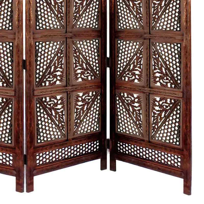 Benzara Traditional Four Panel Wooden Room Divider with Hand Carved Details Antique Brown