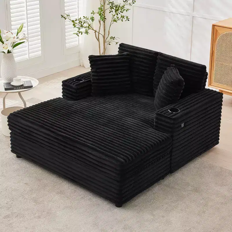 54 Inch Oversized Corduroy Chaise Lounge Chair,Upholstered Sofa Bed,w/ Charging Station,Cup Holders & Pillows,Corduroy Couch for Living Room, Bedroom