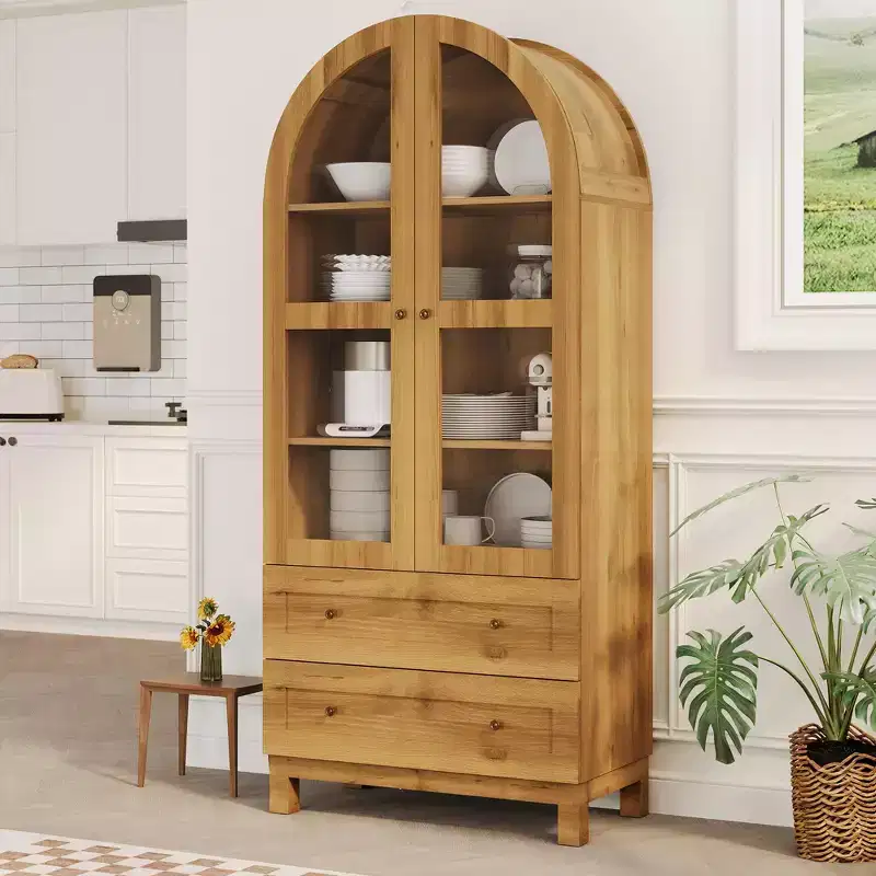 71 Tall Arched Bookshelf, Modern Bookcase with 2 Drawers, Glass Door and Adjustable Shelf, Wooden Display Cabinet, Versatile Bookshelf Kitchen