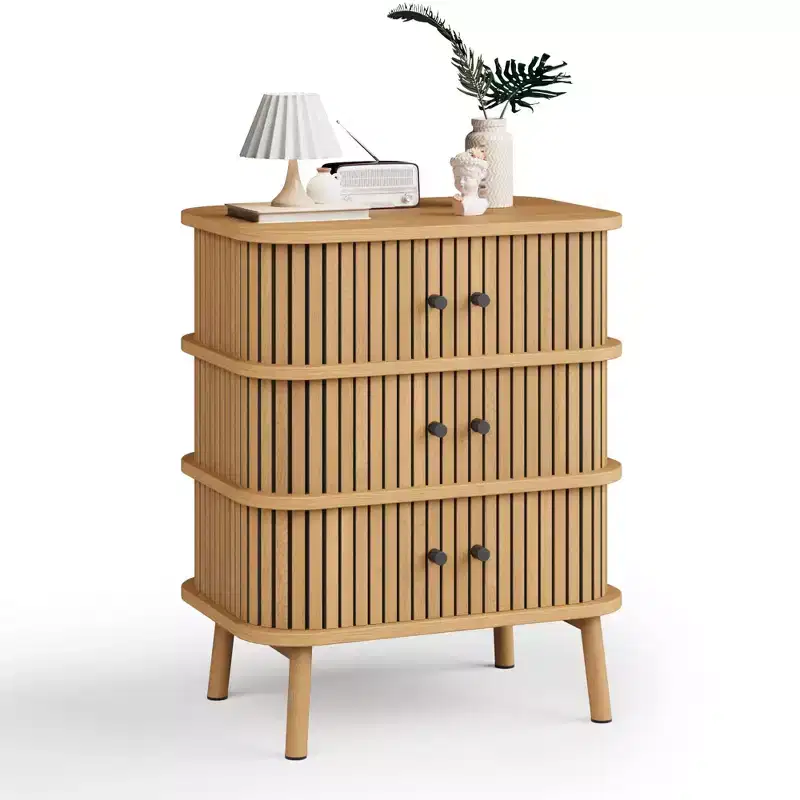 Storage Cabinet, Mid-Century Modern 3-Drawer Dresser with Sliding Door, Natural Wicker & Wooden Legs for Bedroom Living Room