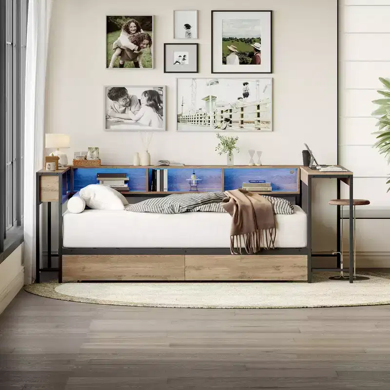 Twin Size Corner Bed Frame with Bookcase and 2 Underbed Storage Drawers, Reversible Daybed, Grey, 46.9x96.9x31.5 in