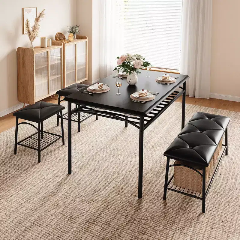 Dining Table Set for 4 with MDF Top and Metal Frame, Kitchen Table with Upholstered Bench and Square Stools, Compact Storage Dining Room Set.