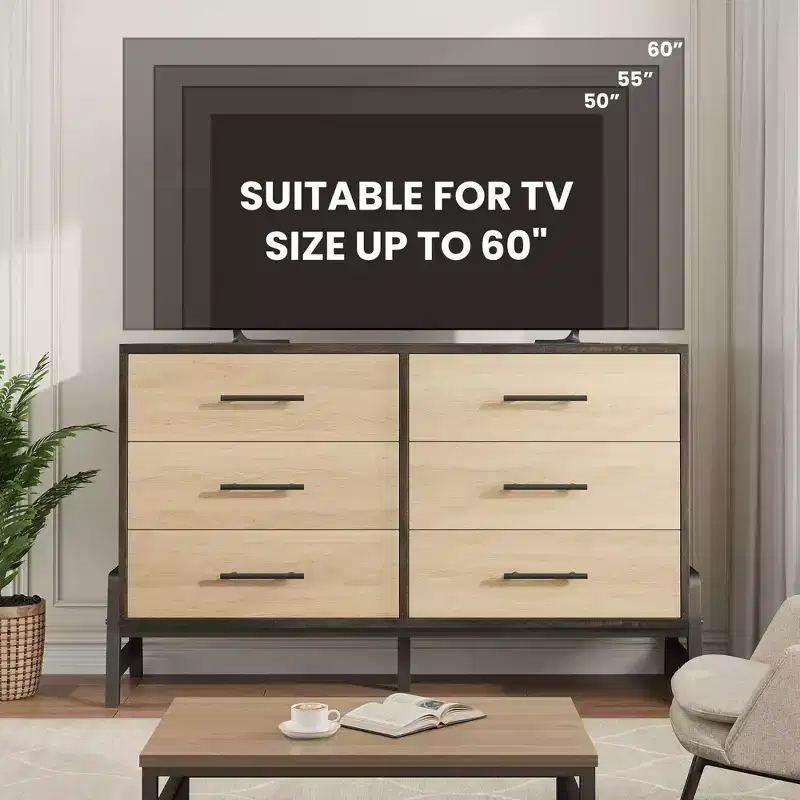 6 Chest of Dresser, Wide Drawer Storage Dresser, Freestanding Wood Closet Storage Dresser Chest for Living Room, Bedroom, Entryway