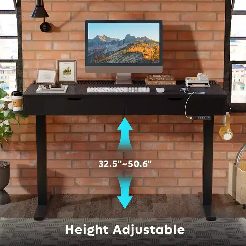 47 x 24 Inch Electric Standing Desk with Double Drawers and LED Light for Home Office, Height Adjustable Desk, Computer Desk