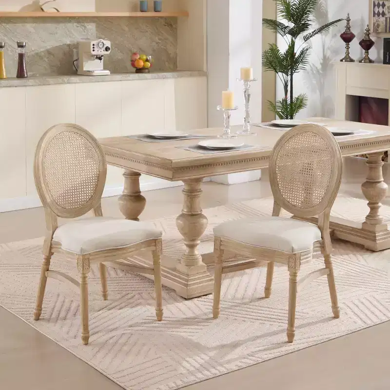 Ora Maison French Country Rattan Dining Chairs Set of 2, Upholstered Carved Round Back Chairs, Beige