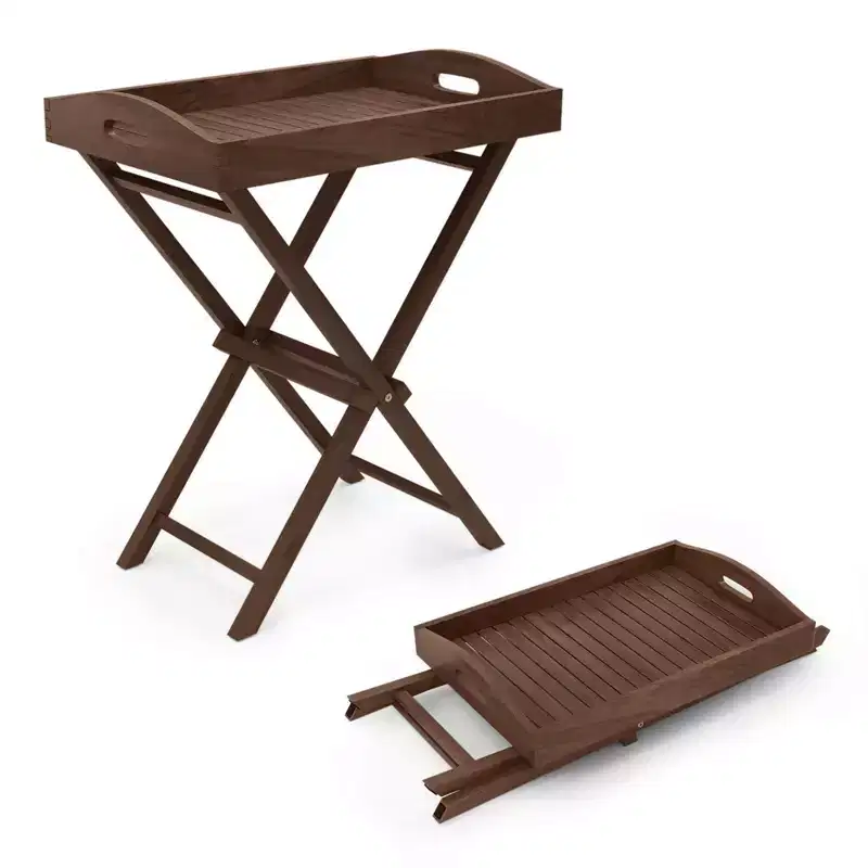 Costway 1/2 PCS Solid Teak Wood Tray Table 28 High Folding Table with Removable Tray Top