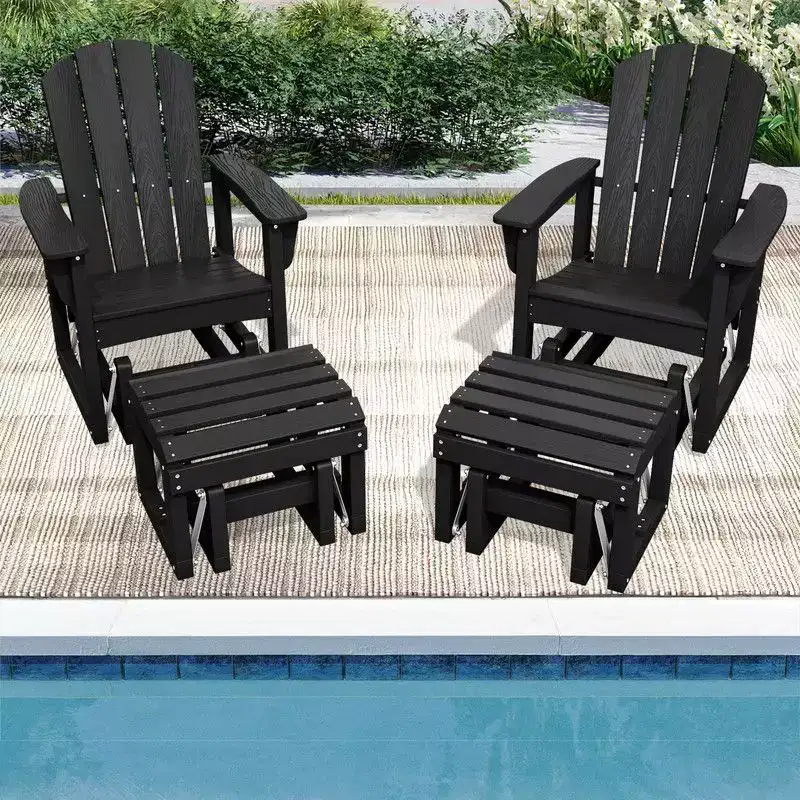 Hyleory HDPE Adirondack Rocking Chair with Ottoman Set - All-Weather Outdoor Patio Furniture, Durable Woodgrain Finish, Comfort-Contoured Seat