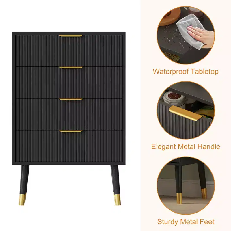 4 Storage Drawers, Fluted Chest of Drawers with Golden Legs and Handles, Bedside Table for Bedroom, Living Room,