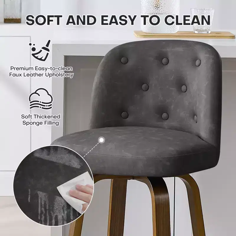 29 Swivel Upholstered Bar Stools, Leather Cushion Seat & Button-tufted Back Design with Bentwood Legs, Dark Grey