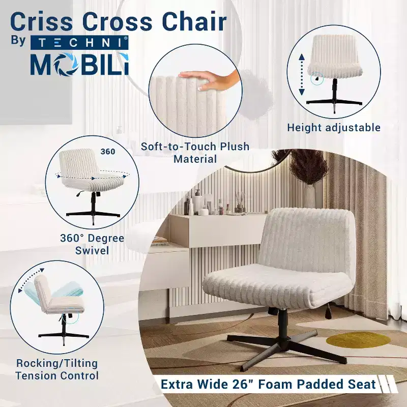 Criss Cross Chair with Adjustable Height, Office Chair with Extra Wide Seat, Comfy Chair for Home, Office, White