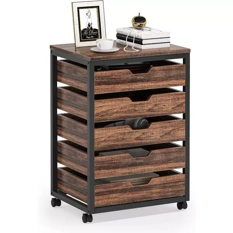 5-Drawer Chest of Storage Cabinet, Wood Storage Cabinet with Wheels