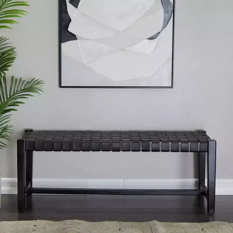 Modern Leather Woven Bench Black - Olivia & May: Handmade Teak Frame, Polished Finish, Upholstered, Entryway Seating